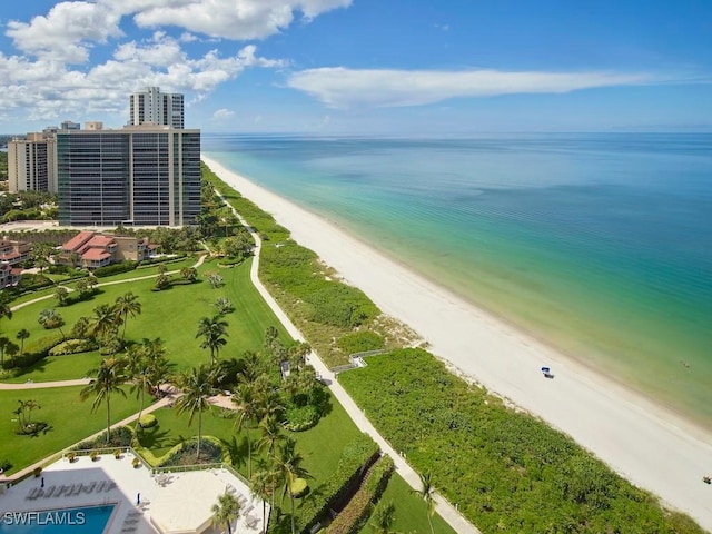 drone / aerial view with a water view and a beach view