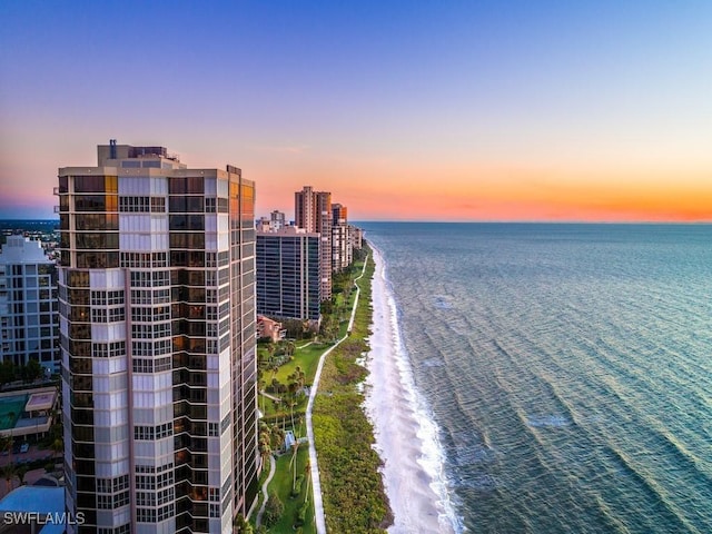 exterior space with a water view and a beach view