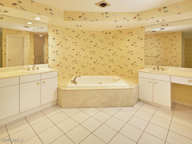 bathroom featuring tile patterned flooring, vanity, and independent shower and bath