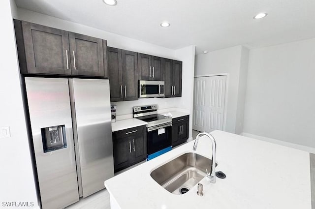 kitchen featuring sink, dark brown cabinetry, and stainless steel appliances