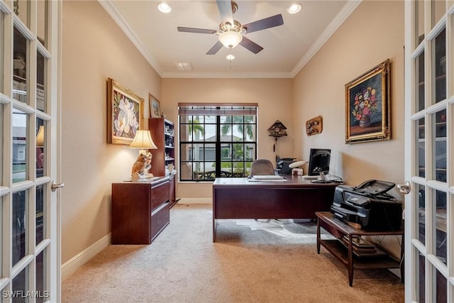 office space featuring light carpet, french doors, ceiling fan, and ornamental molding