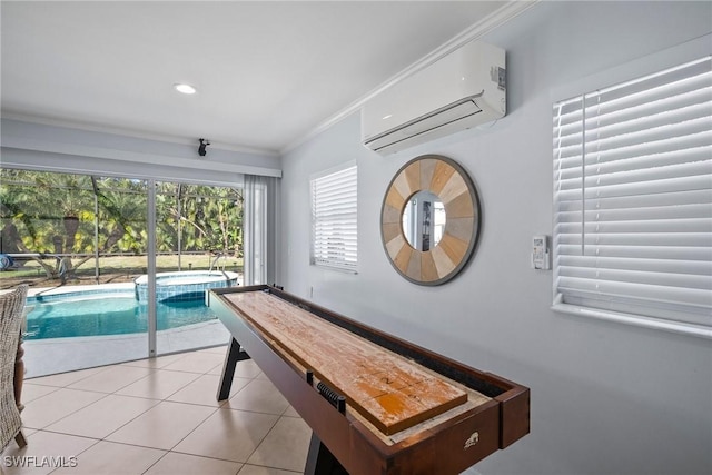 game room featuring light tile patterned floors, a pool, an AC wall unit, and ornamental molding