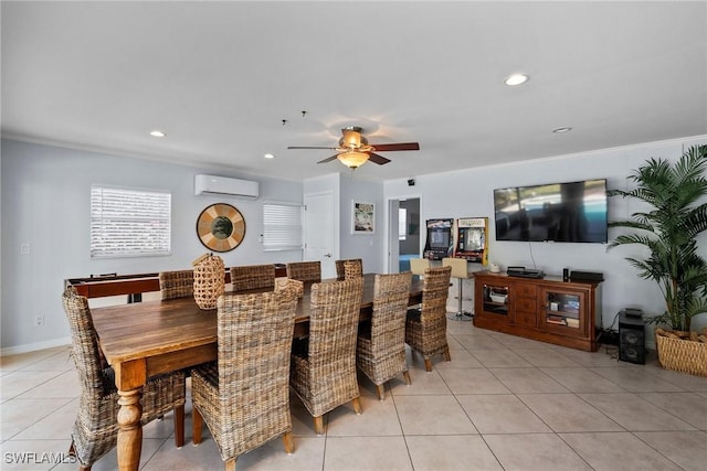 dining area with a wall mounted air conditioner, ceiling fan, light tile patterned floors, and crown molding