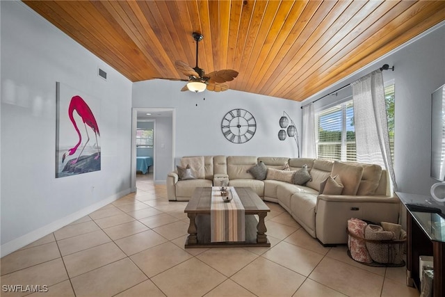 tiled living room with ceiling fan, wooden ceiling, and lofted ceiling