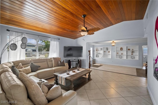 tiled living room with lofted ceiling, ceiling fan, built in features, and wooden ceiling