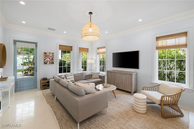 living room featuring a healthy amount of sunlight and ornamental molding