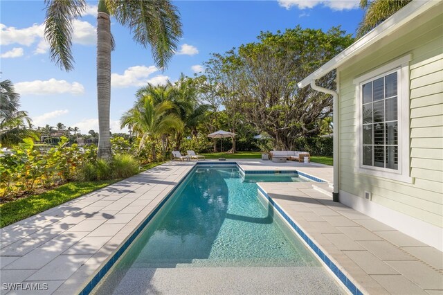 view of swimming pool featuring a patio area and a hot tub