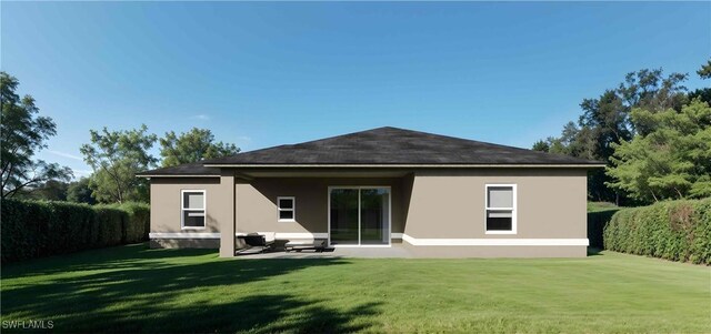 back of property with outdoor lounge area, a patio area, and a lawn