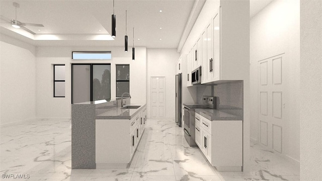 kitchen featuring ceiling fan, sink, a tray ceiling, white cabinets, and appliances with stainless steel finishes