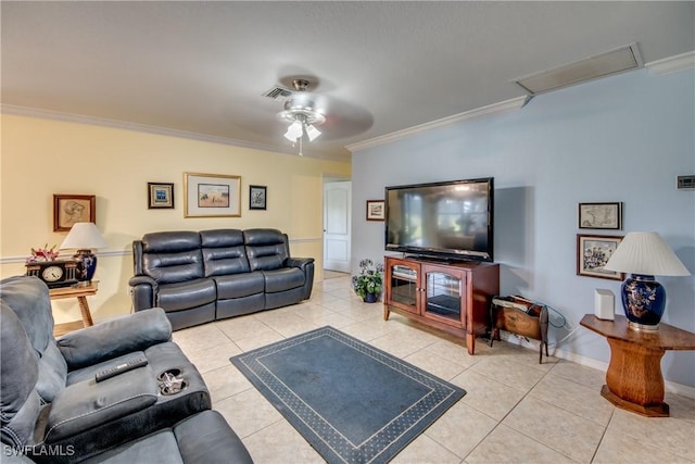 living room featuring crown molding, light tile patterned floors, and ceiling fan