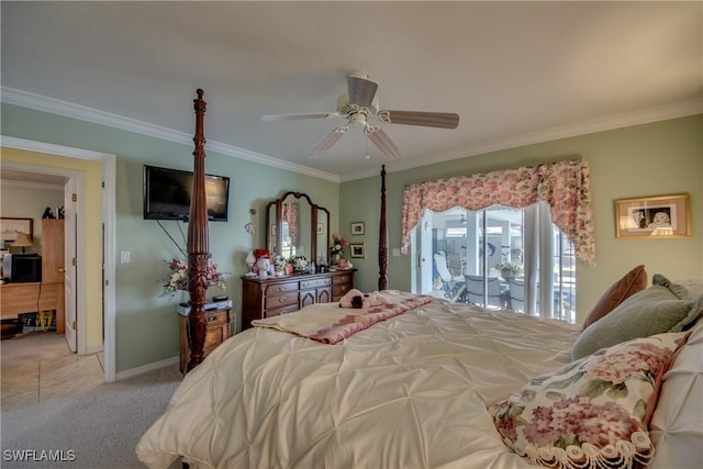 carpeted bedroom with access to exterior, ceiling fan, and ornamental molding