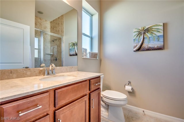 bathroom with tile patterned flooring, vanity, toilet, and walk in shower