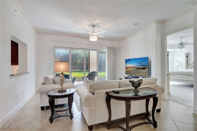 tiled living room featuring ceiling fan and ornamental molding