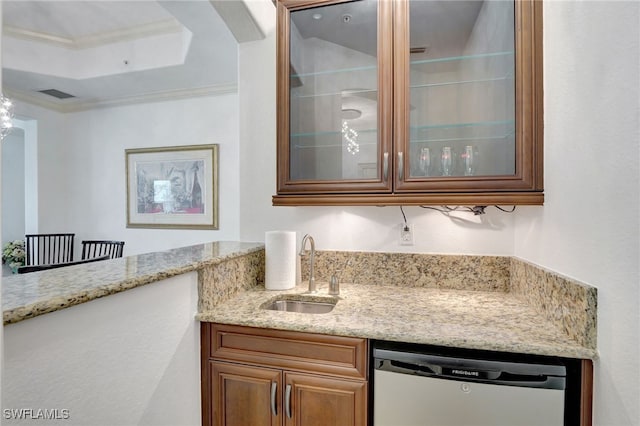 bar with dishwasher, sink, light stone countertops, ornamental molding, and a tray ceiling