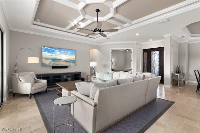 living room featuring crown molding, ceiling fan, and coffered ceiling