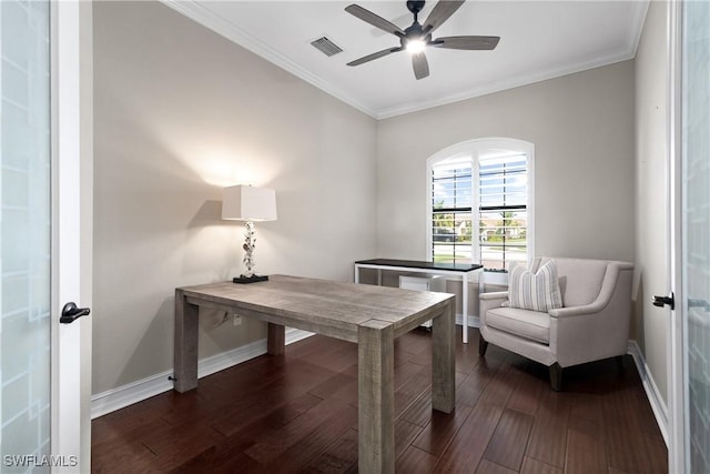 office space with ceiling fan, crown molding, dark wood-type flooring, and french doors