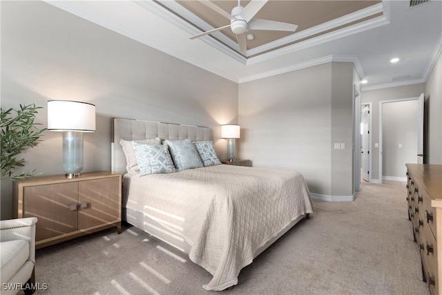 bedroom with ceiling fan, crown molding, and light carpet