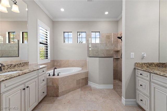 bathroom featuring crown molding, vanity, and plus walk in shower