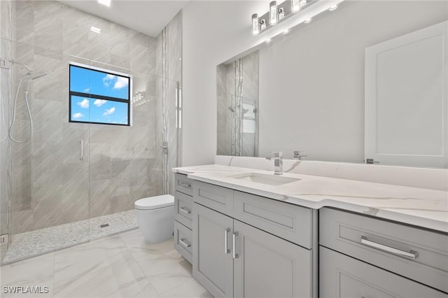 bathroom featuring vanity, toilet, and walk in shower