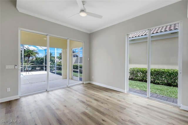 unfurnished room with ceiling fan, light hardwood / wood-style floors, and a wealth of natural light