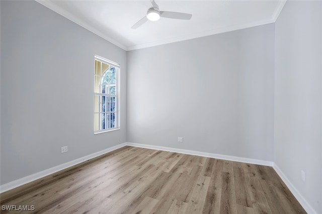 empty room with light hardwood / wood-style flooring, ceiling fan, and ornamental molding