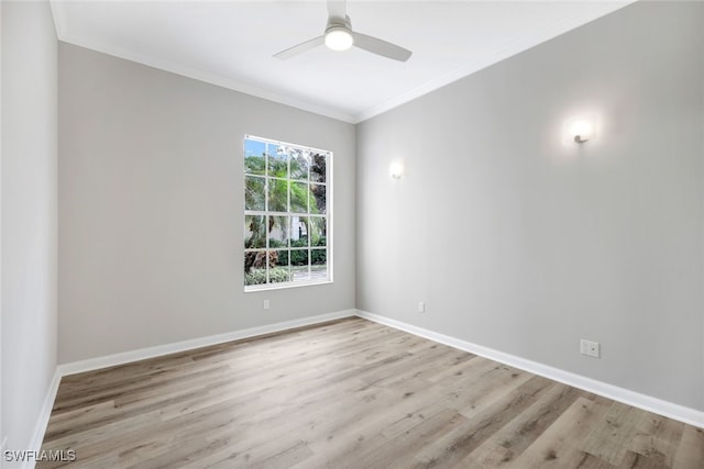 unfurnished room featuring crown molding, ceiling fan, and light wood-type flooring