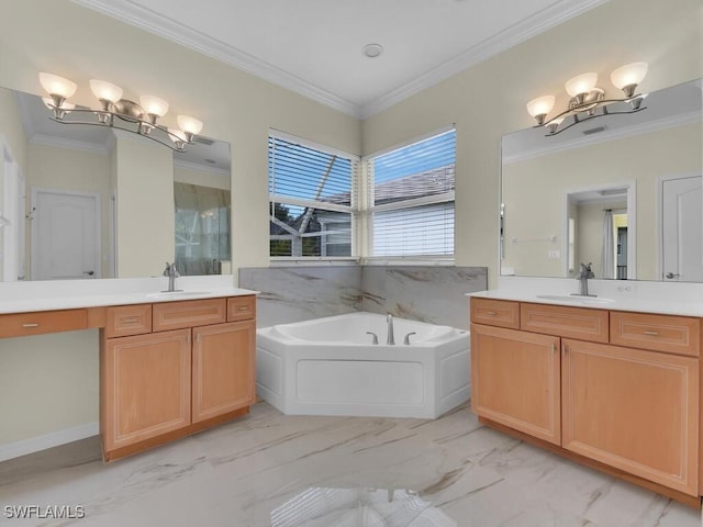 bathroom with vanity, a bathtub, and crown molding