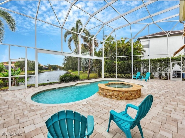 view of swimming pool featuring a lanai, a water view, an in ground hot tub, and a patio