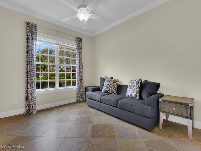 living room featuring ceiling fan and crown molding