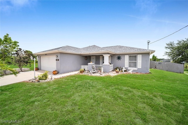 view of front of house with a front yard, a porch, and a garage