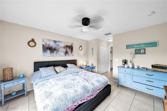 tiled bedroom featuring a closet and ceiling fan