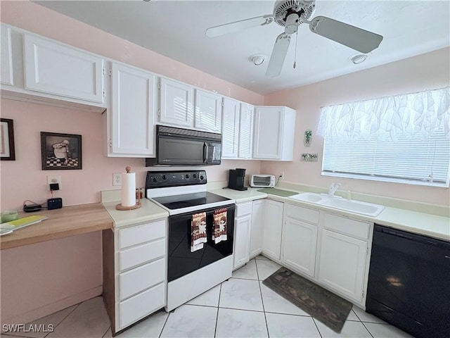 kitchen featuring ceiling fan, sink, white cabinets, light tile patterned flooring, and black appliances