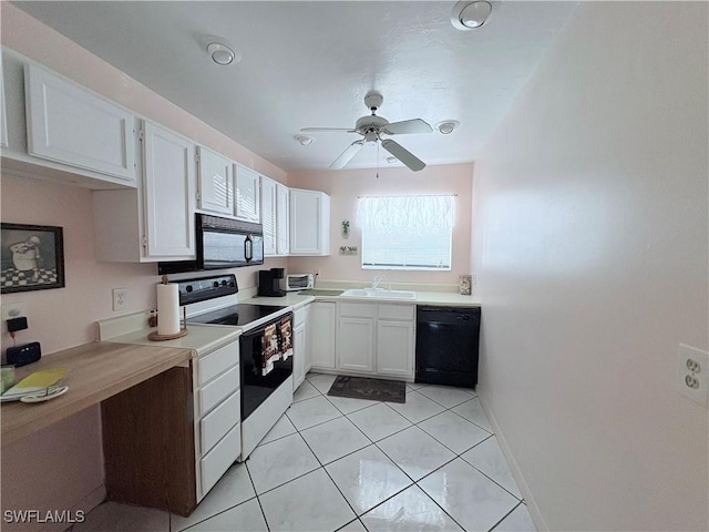 kitchen featuring ceiling fan, sink, light tile patterned floors, white cabinets, and black appliances