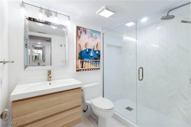 bathroom with tile patterned flooring, vanity, toilet, and a shower with door