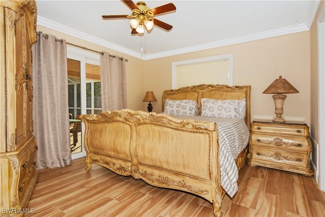 bedroom with access to exterior, ceiling fan, crown molding, and light hardwood / wood-style floors