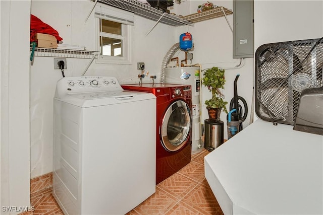 laundry area featuring electric panel, washer and clothes dryer, and water heater