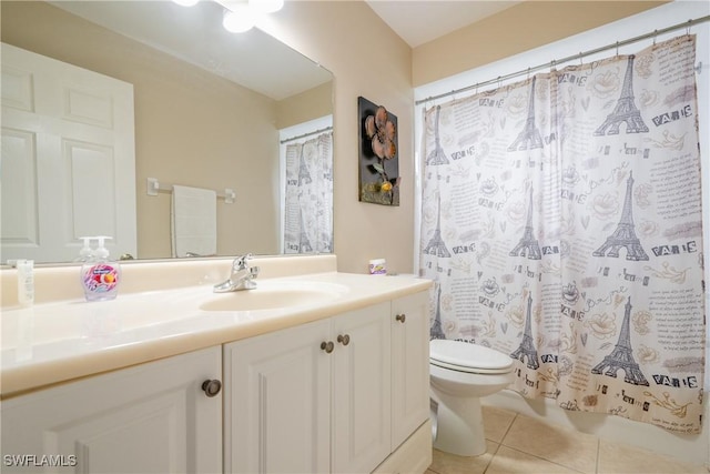 bathroom featuring tile patterned flooring, vanity, toilet, and a shower with curtain