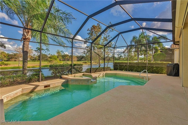 view of swimming pool with glass enclosure, a water view, and an in ground hot tub