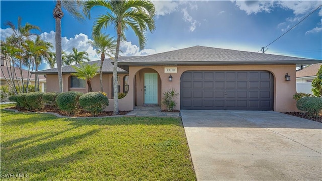 single story home with a front yard and a garage