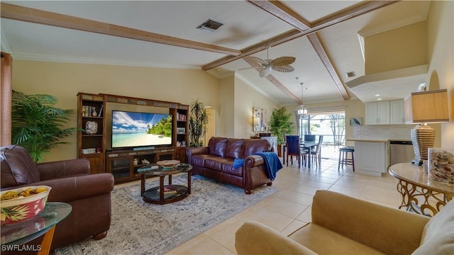 tiled living room with vaulted ceiling with beams and ceiling fan