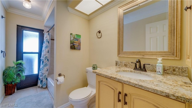 full bathroom featuring shower / bath combo, tile patterned floors, crown molding, toilet, and vanity