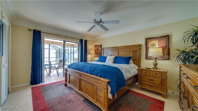 bedroom with access to outside, ceiling fan, a closet, and light tile patterned floors