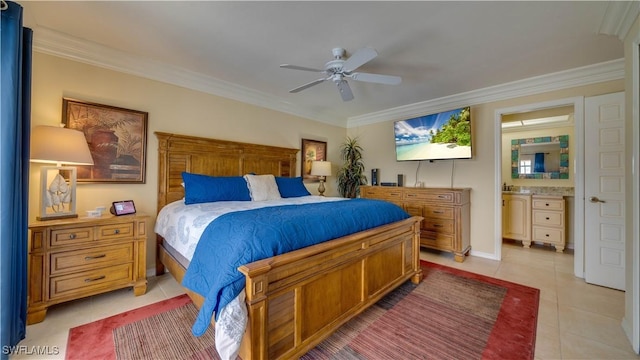 tiled bedroom featuring ceiling fan, ornamental molding, and ensuite bath