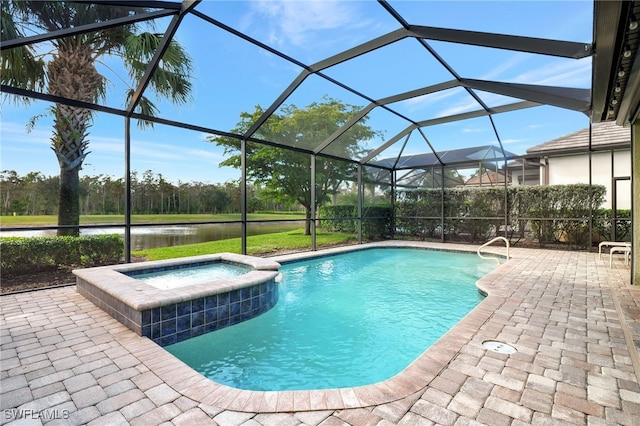 view of pool featuring glass enclosure, an in ground hot tub, a patio area, and a water view