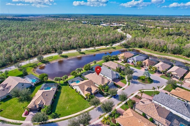 aerial view featuring a water view