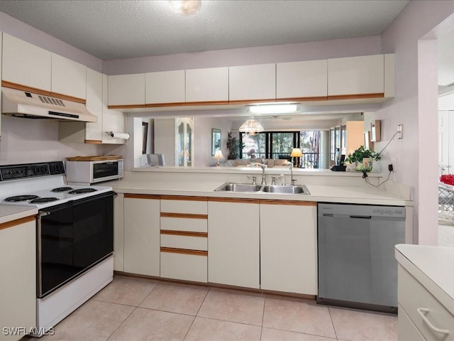 kitchen with stainless steel dishwasher, a textured ceiling, sink, light tile patterned floors, and white electric stove