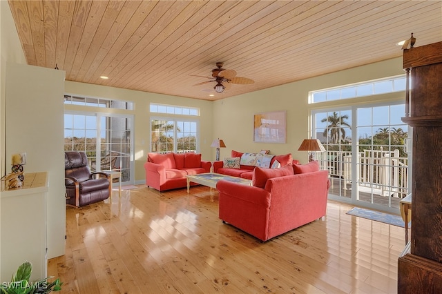 living room with light hardwood / wood-style floors, ceiling fan, and wood ceiling