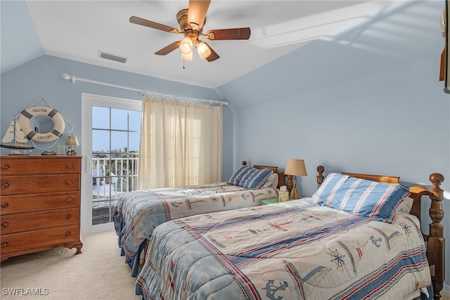 carpeted bedroom with access to exterior, ceiling fan, and lofted ceiling