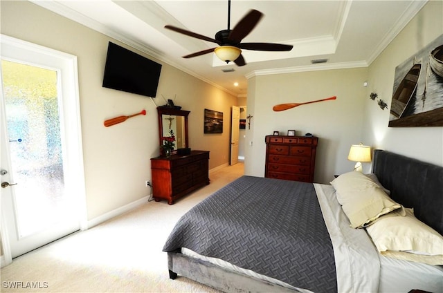 bedroom with access to exterior, light carpet, multiple windows, and ceiling fan