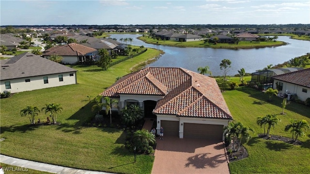 aerial view featuring a water view